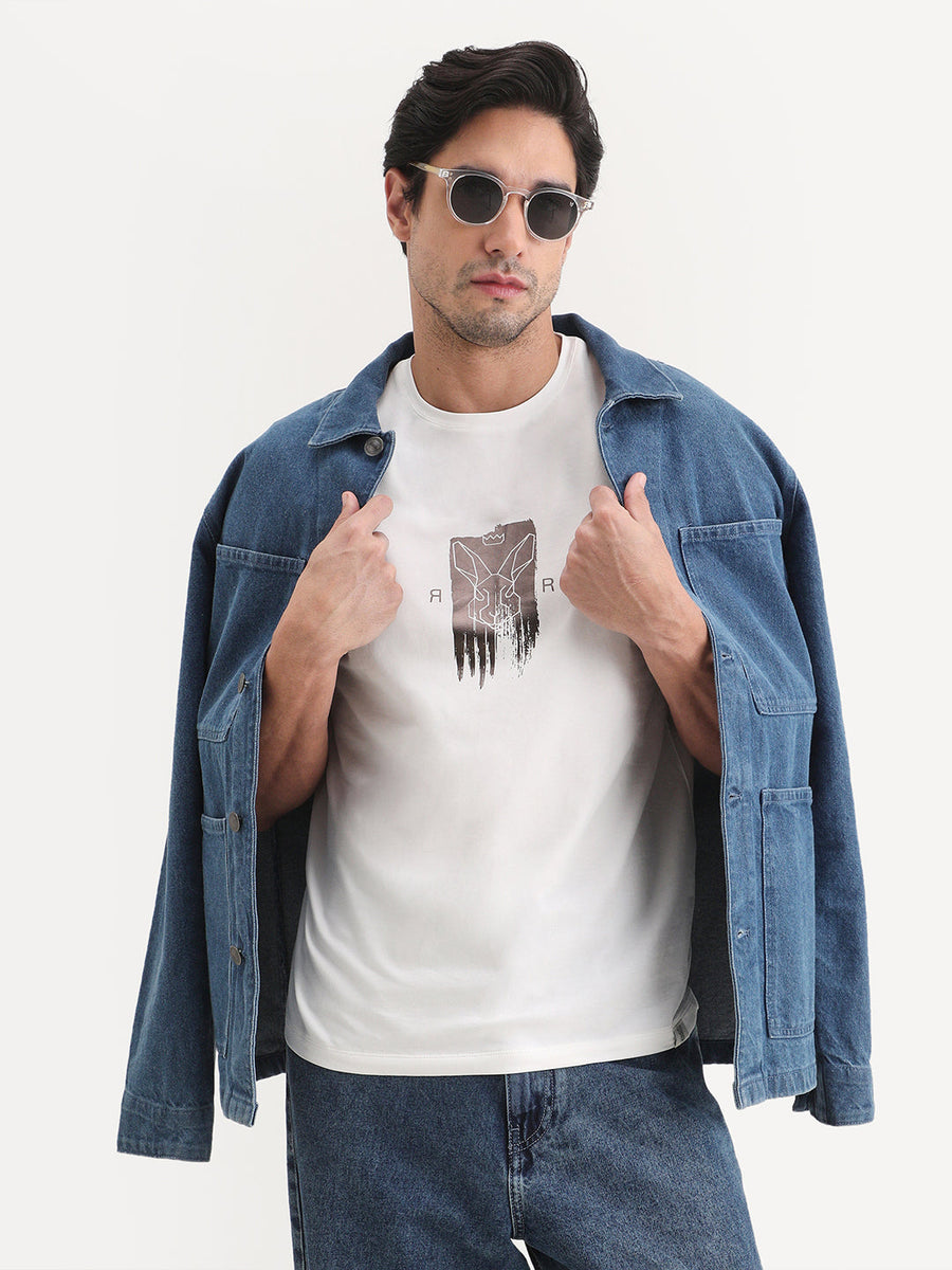 Rare Rabbit Men's Friend Off White Cotton Blend Fabric Half Sleeve Crew Neck Regular Fit Graphic Print T-Shirt