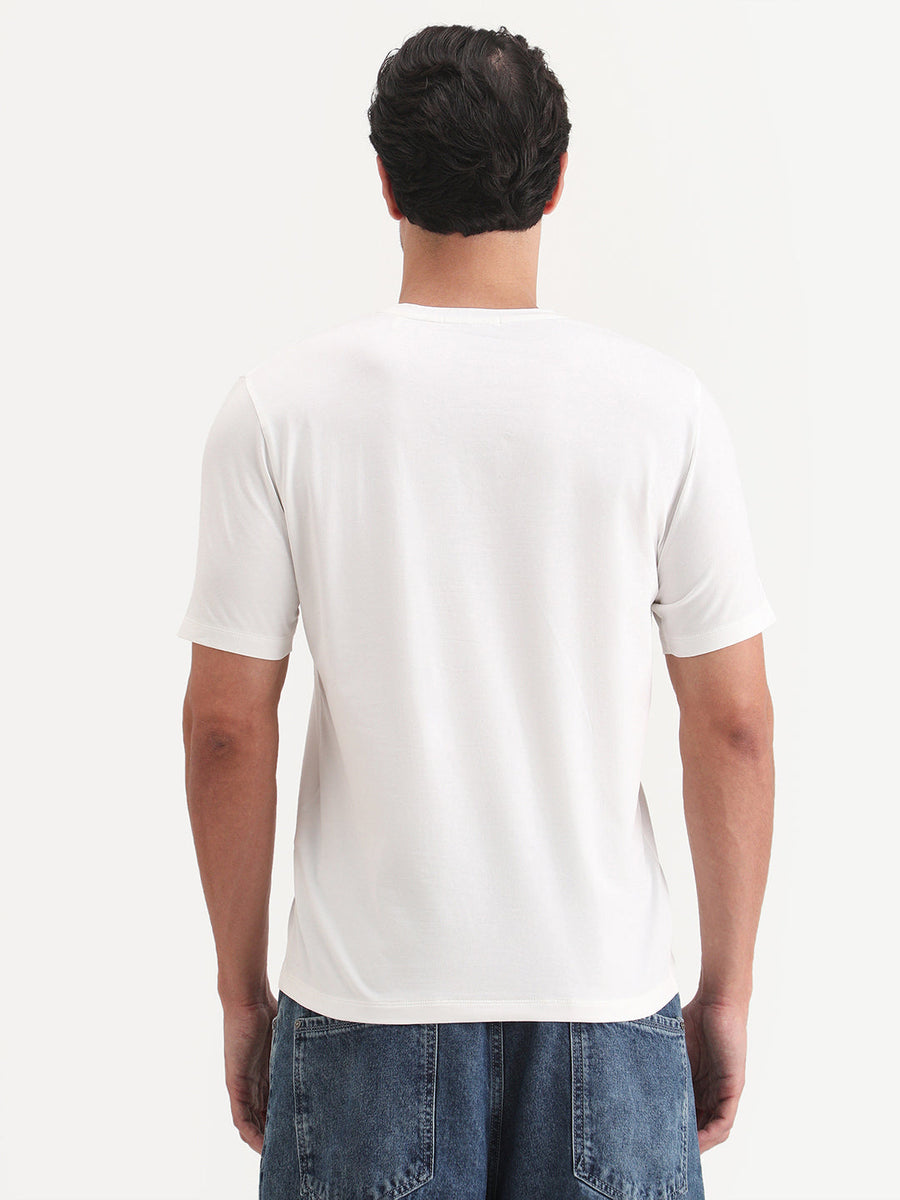 Rare Rabbit Men's Friend Off White Cotton Blend Fabric Half Sleeve Crew Neck Regular Fit Graphic Print T-Shirt