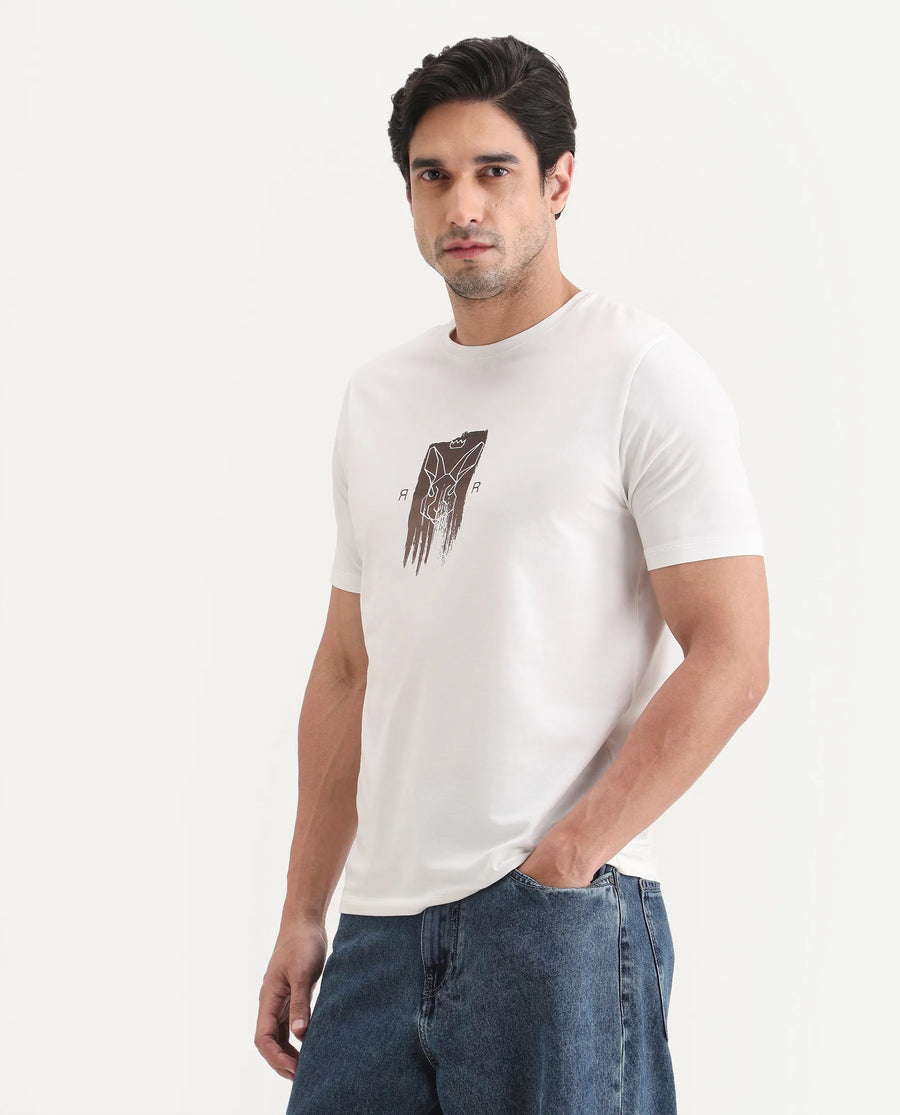 Rare Rabbit Men's Friend Off White Cotton Blend Fabric Half Sleeve Crew Neck Regular Fit Graphic Print T-Shirt