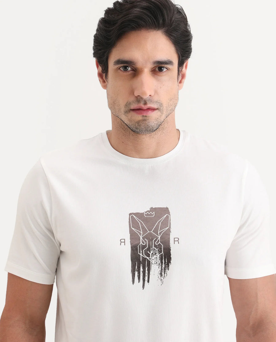 Rare Rabbit Men's Friend Off White Cotton Blend Fabric Half Sleeve Crew Neck Regular Fit Graphic Print T-Shirt
