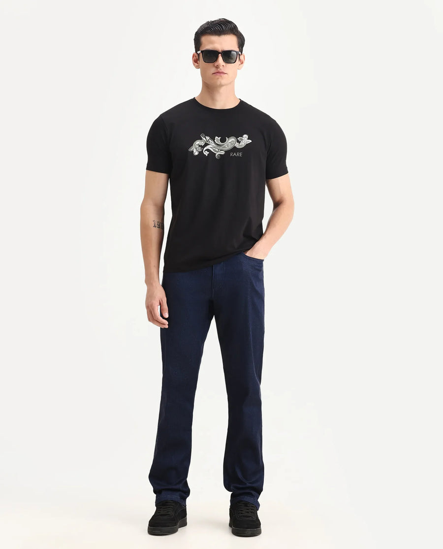 Rare Rabbit Men's Guild Casual Friter Black Cotton Blend Paisley Print Regular Fit Half Sleeve Crew Neck T-Shirt