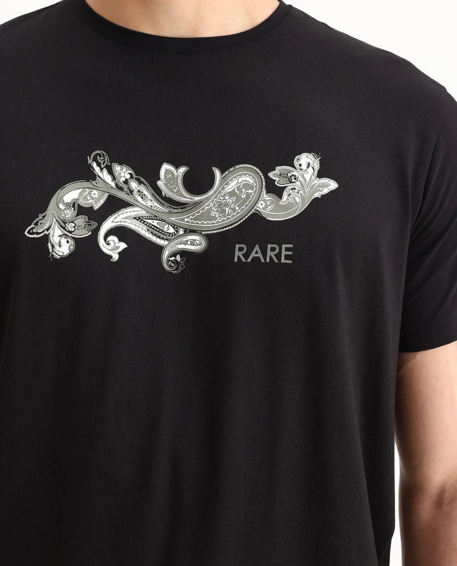Rare Rabbit Men's Guild Casual Friter Black Cotton Blend Paisley Print Regular Fit Half Sleeve Crew Neck T-Shirt