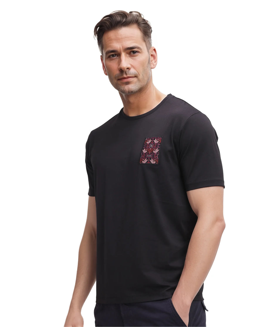 Rare Rabbit Men's Frovik Black Cotton Printed Regular Fit Half Sleeve Crew Neck T-Shirt