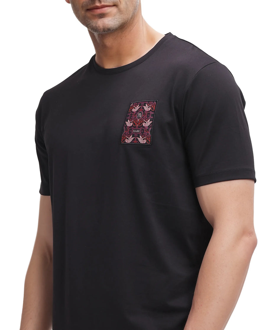 Rare Rabbit Men's Frovik Black Cotton Printed Regular Fit Half Sleeve Crew Neck T-Shirt