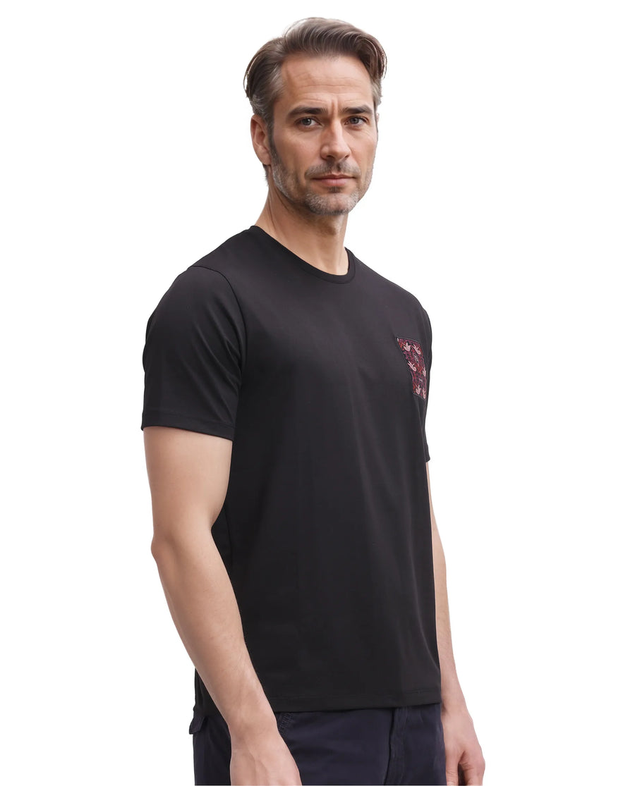 Rare Rabbit Men's Frovik Black Cotton Printed Regular Fit Half Sleeve Crew Neck T-Shirt