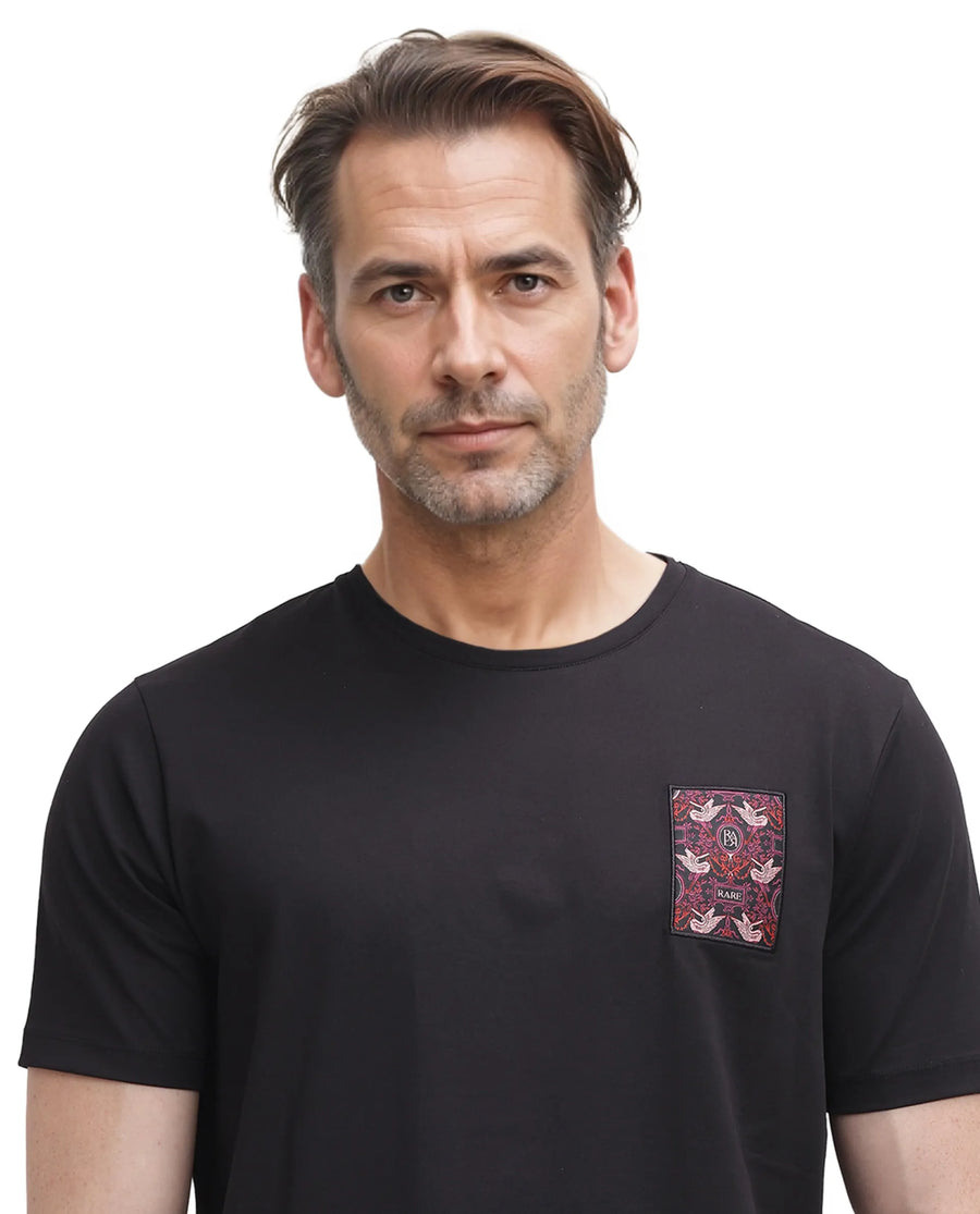 Rare Rabbit Men's Frovik Black Cotton Printed Regular Fit Half Sleeve Crew Neck T-Shirt
