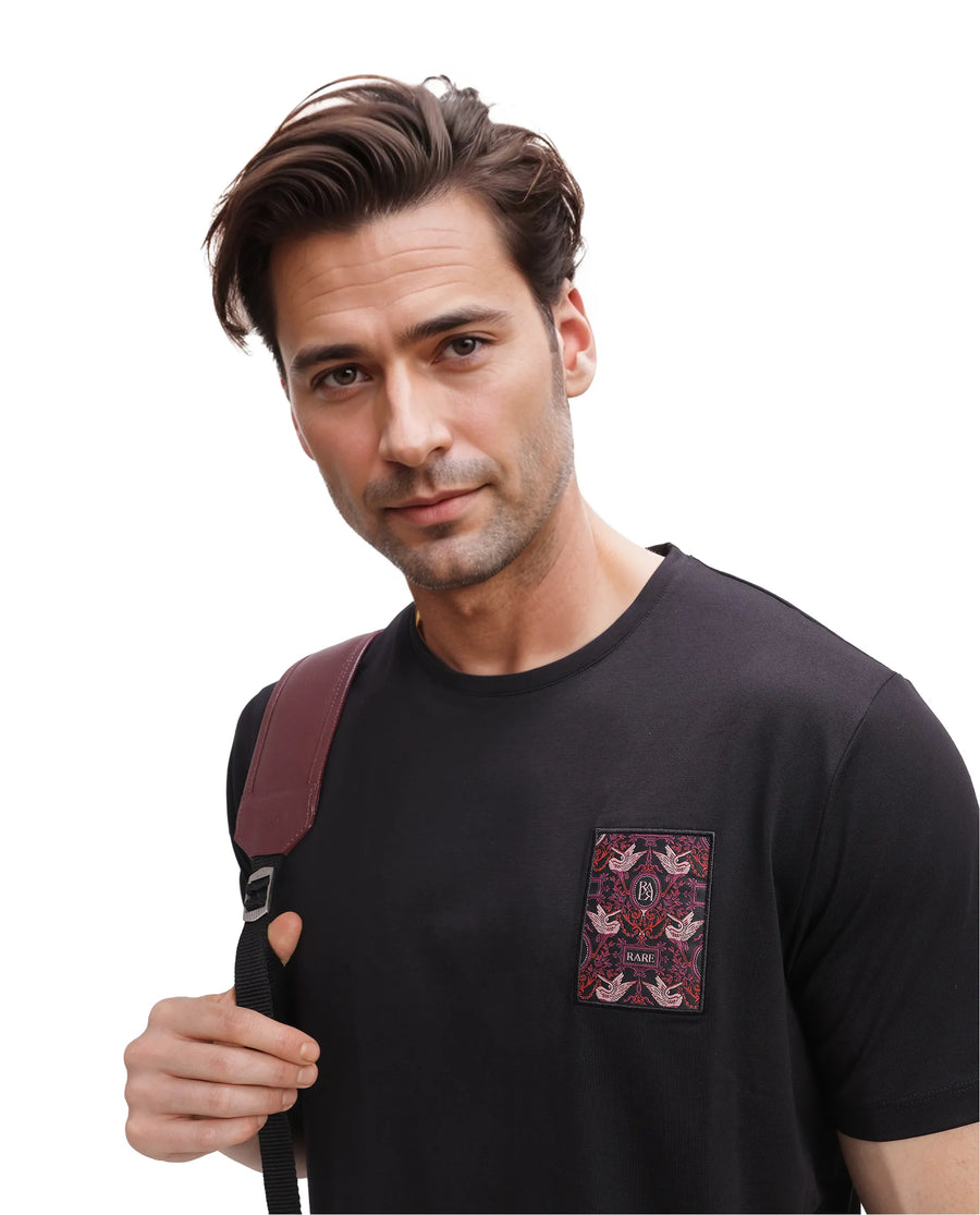 Rare Rabbit Men's Frovik Black Cotton Printed Regular Fit Half Sleeve Crew Neck T-Shirt