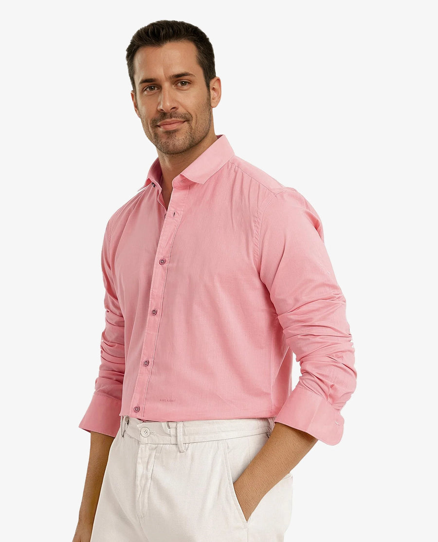 Rare Rabbit Men's Fullslee Coral Cotton Plain Tailored Fit Full Sleeve Collared Shirt