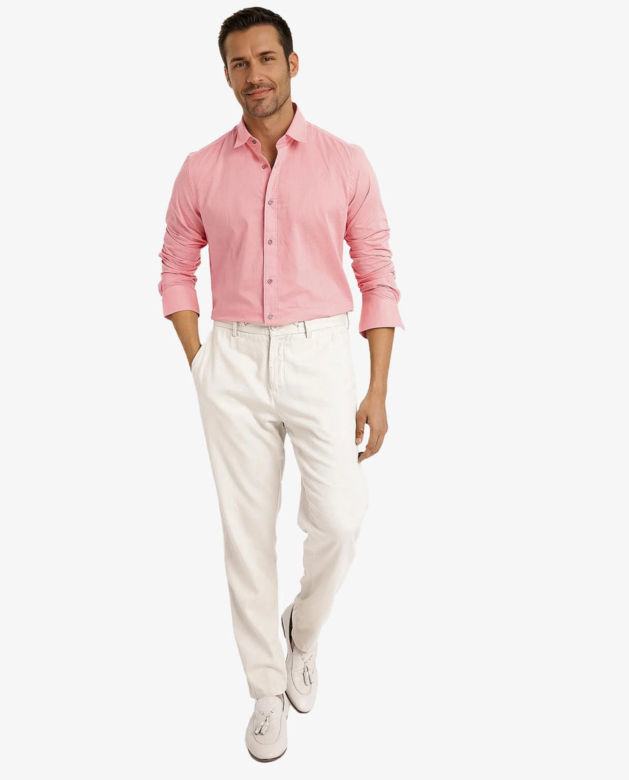 Rare Rabbit Men's Fullslee Coral Cotton Plain Tailored Fit Full Sleeve Collared Shirt
