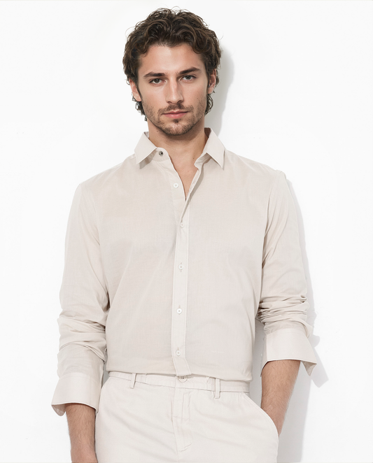 Rare Rabbit Men's Fullsleen Beige Cotton Plain Regular Fit Full Sleeve Collared Shirt