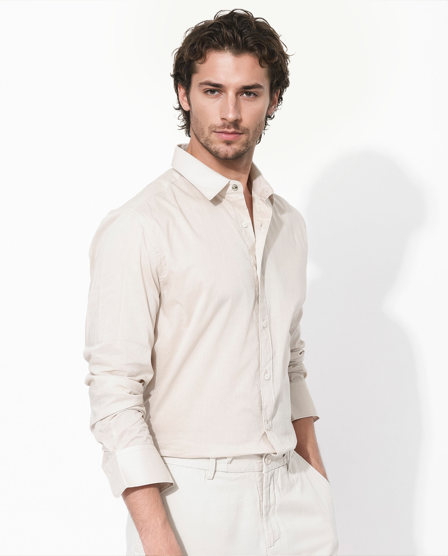 Rare Rabbit Men's Fullsleen Beige Cotton Plain Regular Fit Full Sleeve Collared Shirt