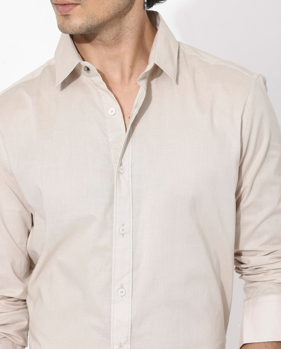 Rare Rabbit Men's Fullsleen Beige Cotton Plain Regular Fit Full Sleeve Collared Shirt