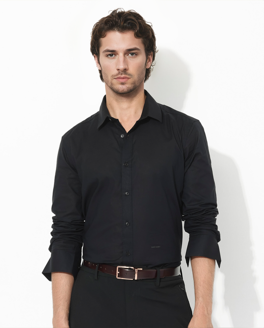 Rare Rabbit Men's Fullsleen Black Cotton Plain Regular Fit Full Sleeve Collared Shirt
