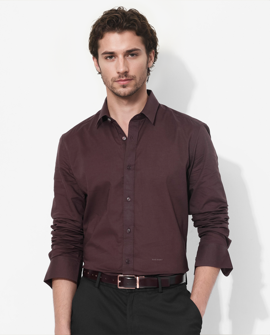 Rare Rabbit Men's Fullsleen Brown Cotton Plain Regular Fit Full Sleeve Collared Shirt