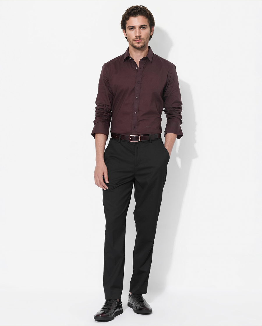 Rare Rabbit Men's Fullsleen Brown Cotton Plain Regular Fit Full Sleeve Collared Shirt