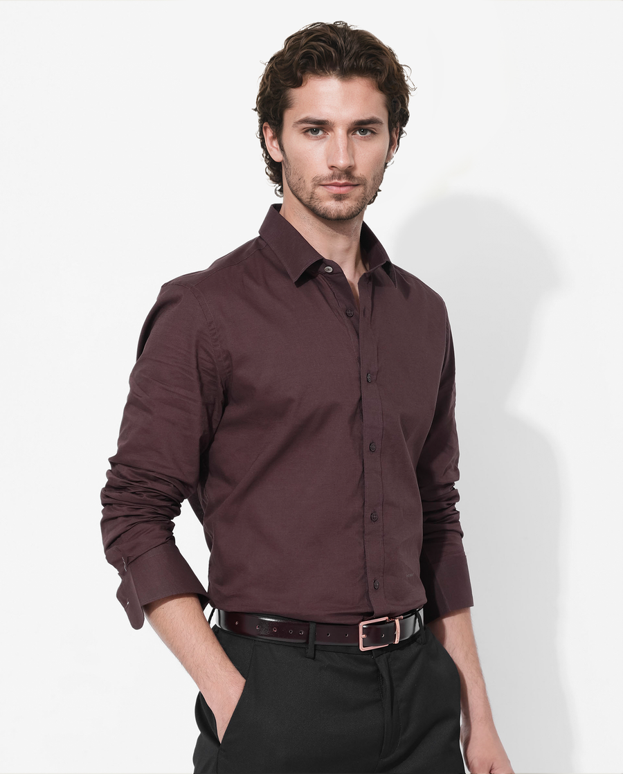 Rare Rabbit Men's Fullsleen Brown Cotton Plain Regular Fit Full Sleeve Collared Shirt
