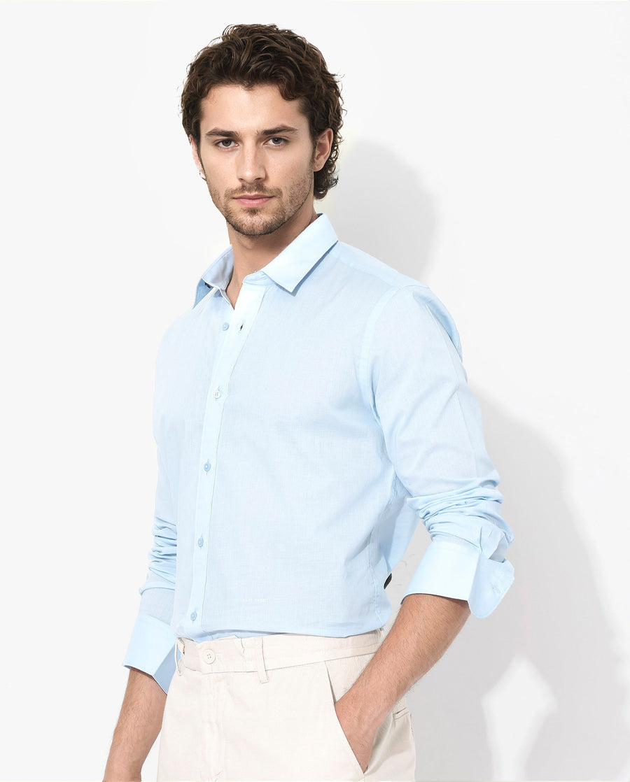 Rare Rabbit Men's Fullsleen Pastel Blue Cotton Plain Regular Fit Full Sleeve Collared Shirt