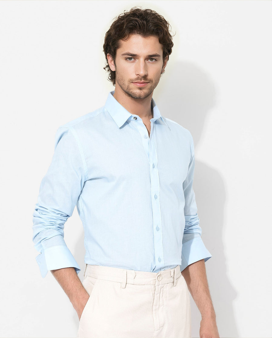 Rare Rabbit Men's Fullsleen Pastel Blue Cotton Plain Regular Fit Full Sleeve Collared Shirt