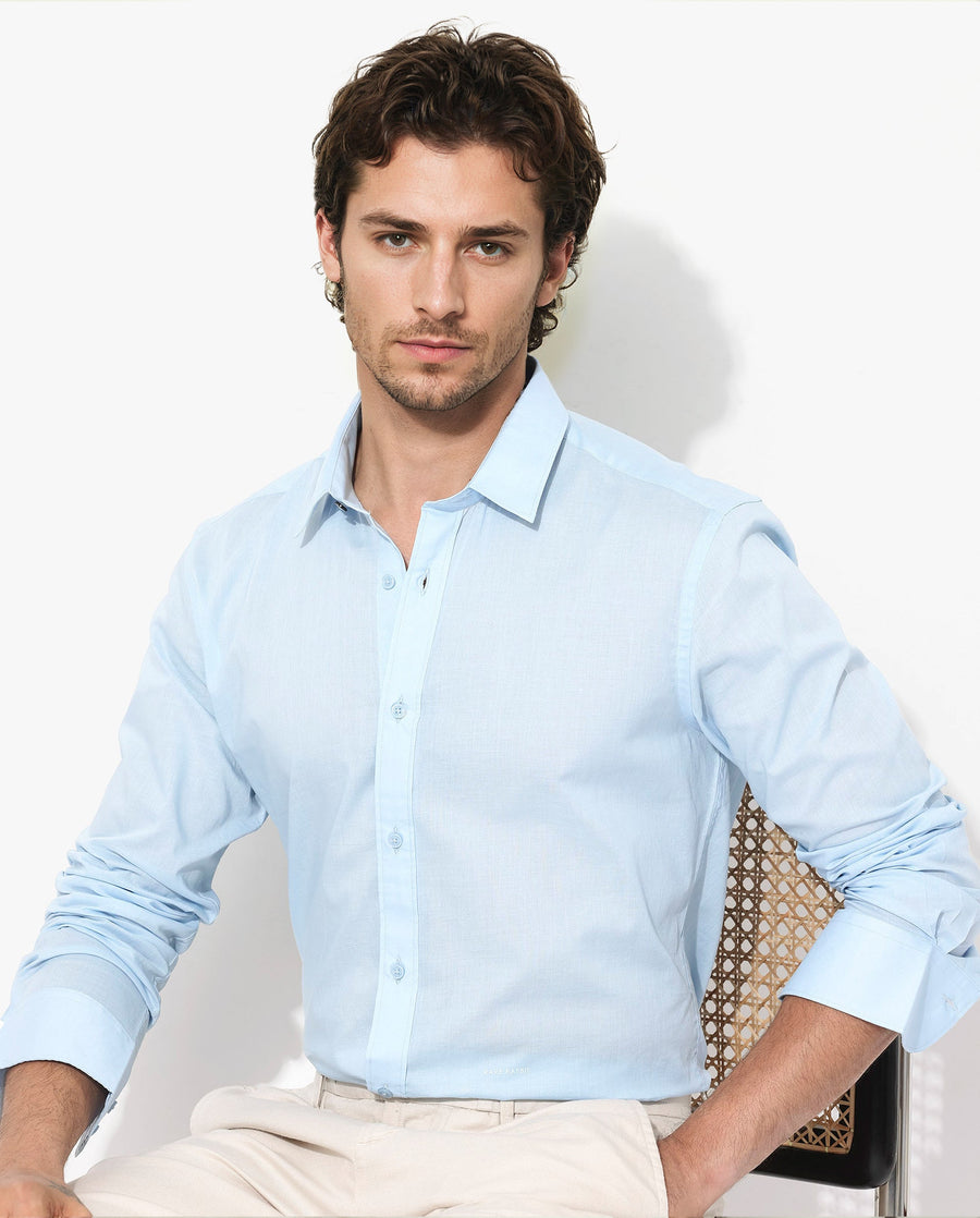 Rare Rabbit Men's Fullsleen Pastel Blue Cotton Plain Regular Fit Full Sleeve Collared Shirt