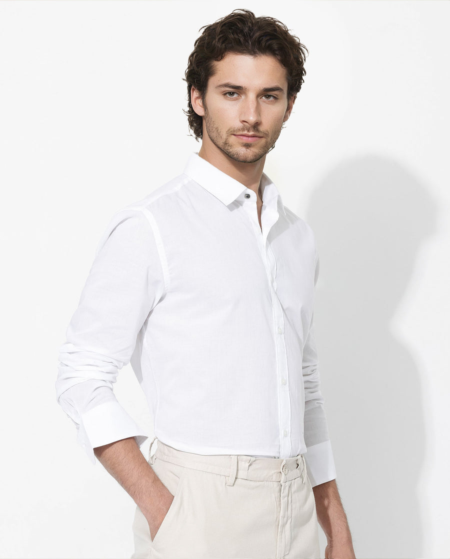 Rare Rabbit Men's Fullsleen White Cotton Plain Regular Fit Full Sleeve Collared Shirt