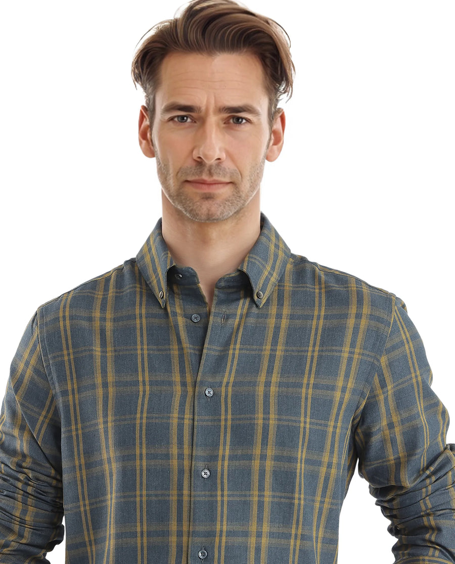 Rare Rabbit Men's Funto Dark Blue Cotton Checked Print Regular Fit Full Sleeve Collared Shirt