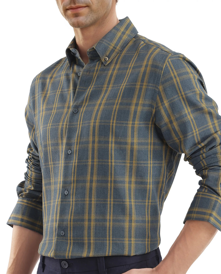 Rare Rabbit Men's Funto Dark Blue Cotton Checked Print Regular Fit Full Sleeve Collared Shirt