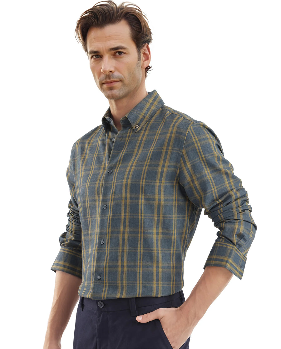 Rare Rabbit Men's Funto Dark Blue Cotton Checked Print Regular Fit Full Sleeve Collared Shirt