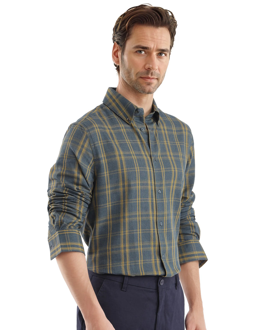 Rare Rabbit Men's Funto Dark Blue Cotton Checked Print Regular Fit Full Sleeve Collared Shirt