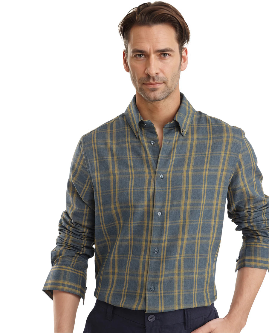 Rare Rabbit Men's Funto Dark Blue Cotton Checked Print Regular Fit Full Sleeve Collared Shirt