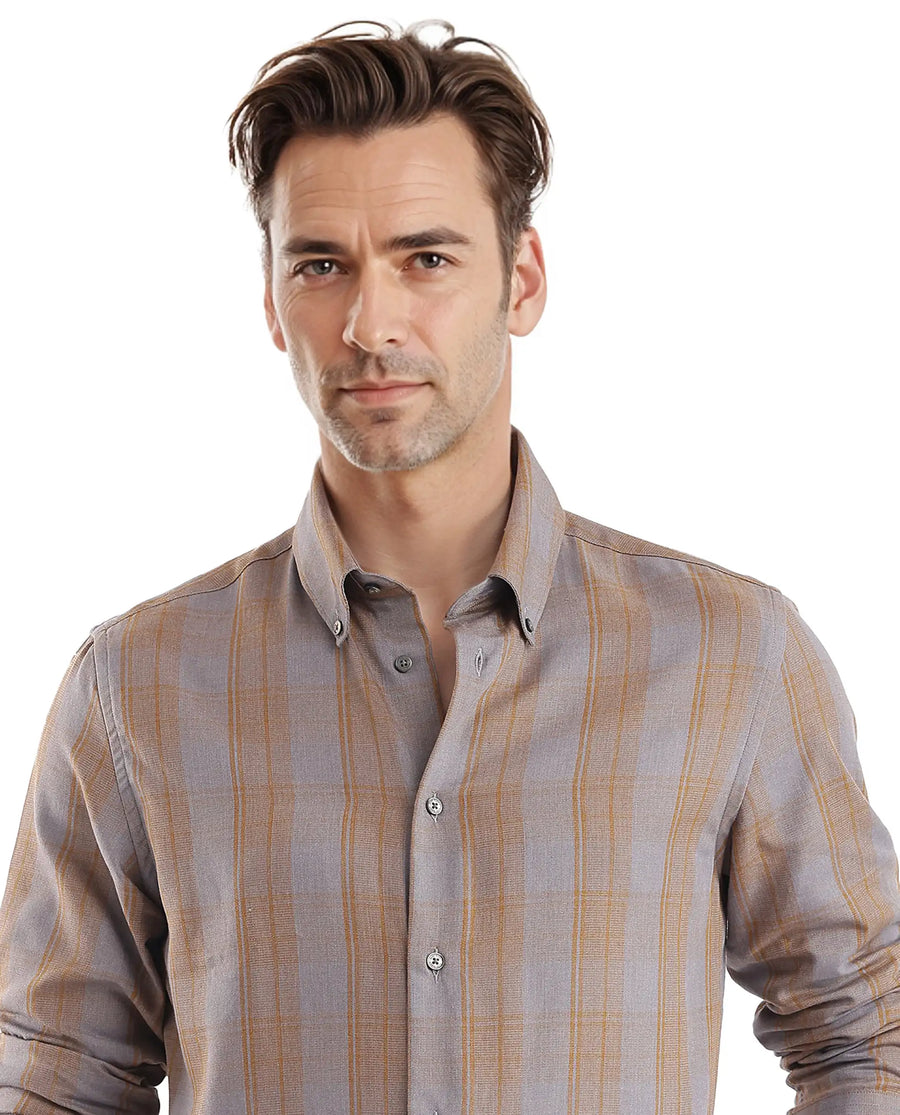 Rare Rabbit Men's Funto Dark Grey Cotton Checked Print Regular Fit Full Sleeve Collared Shirt