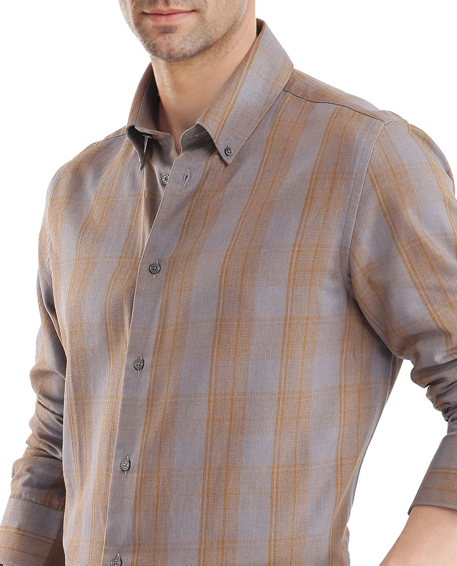 Rare Rabbit Men's Funto Dark Grey Cotton Checked Print Regular Fit Full Sleeve Collared Shirt
