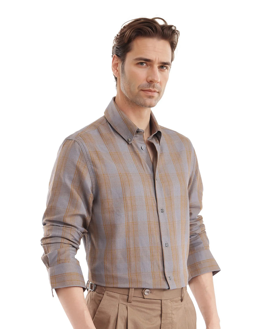 Rare Rabbit Men's Funto Dark Grey Cotton Checked Print Regular Fit Full Sleeve Collared Shirt