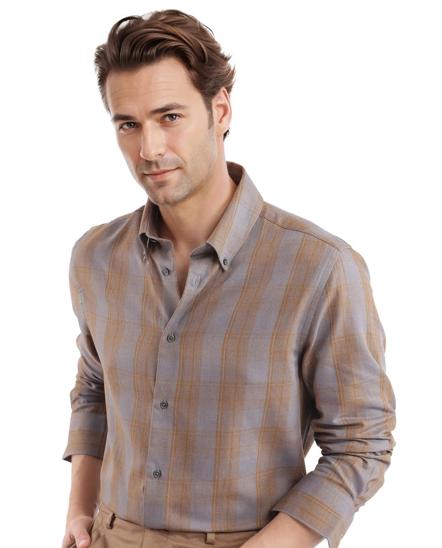 Rare Rabbit Men's Funto Dark Grey Cotton Checked Print Regular Fit Full Sleeve Collared Shirt