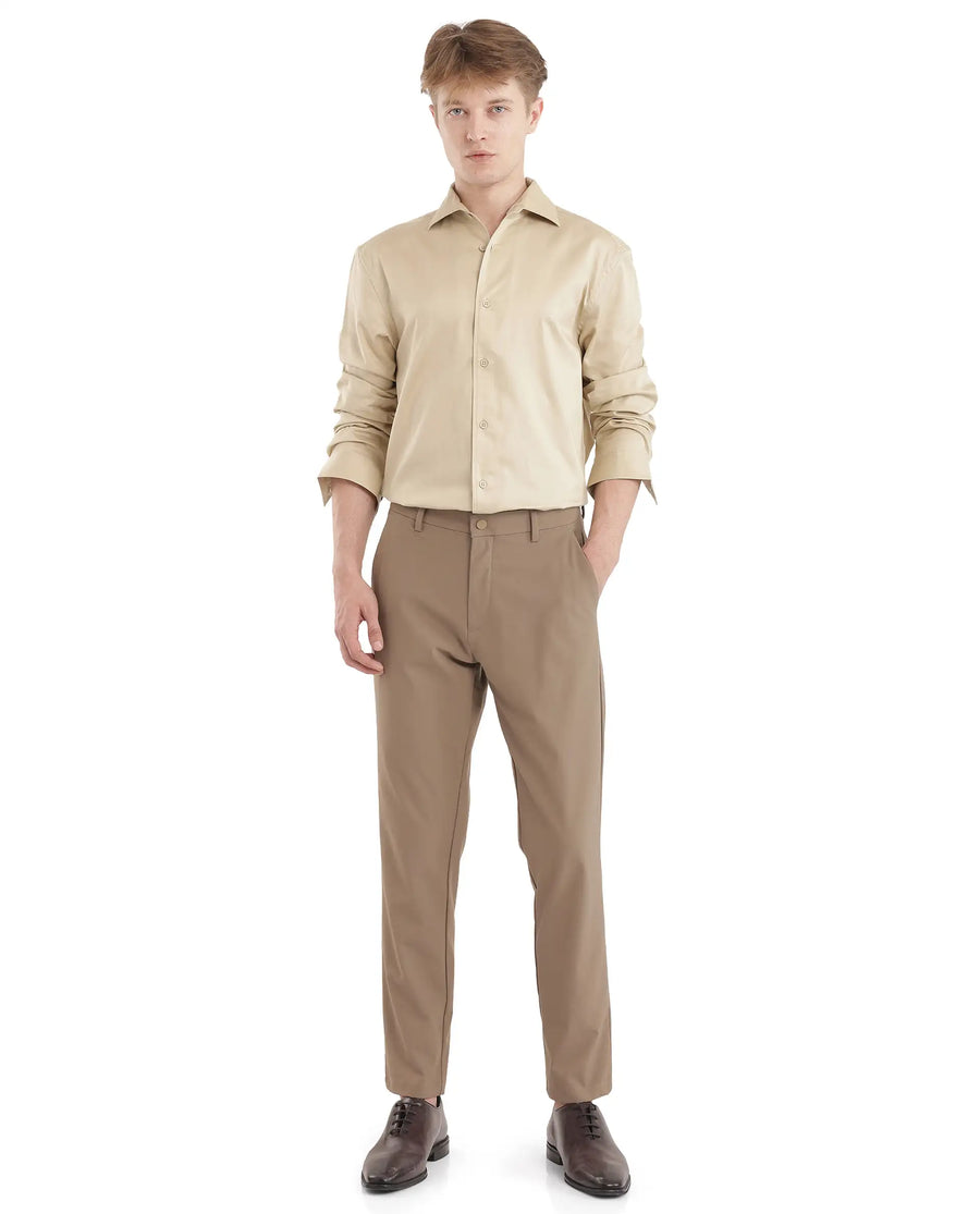 Rare Rabbit Men's Fury Beige Cotton Plain Relaxed Fit Full Sleeve Collared Shirt