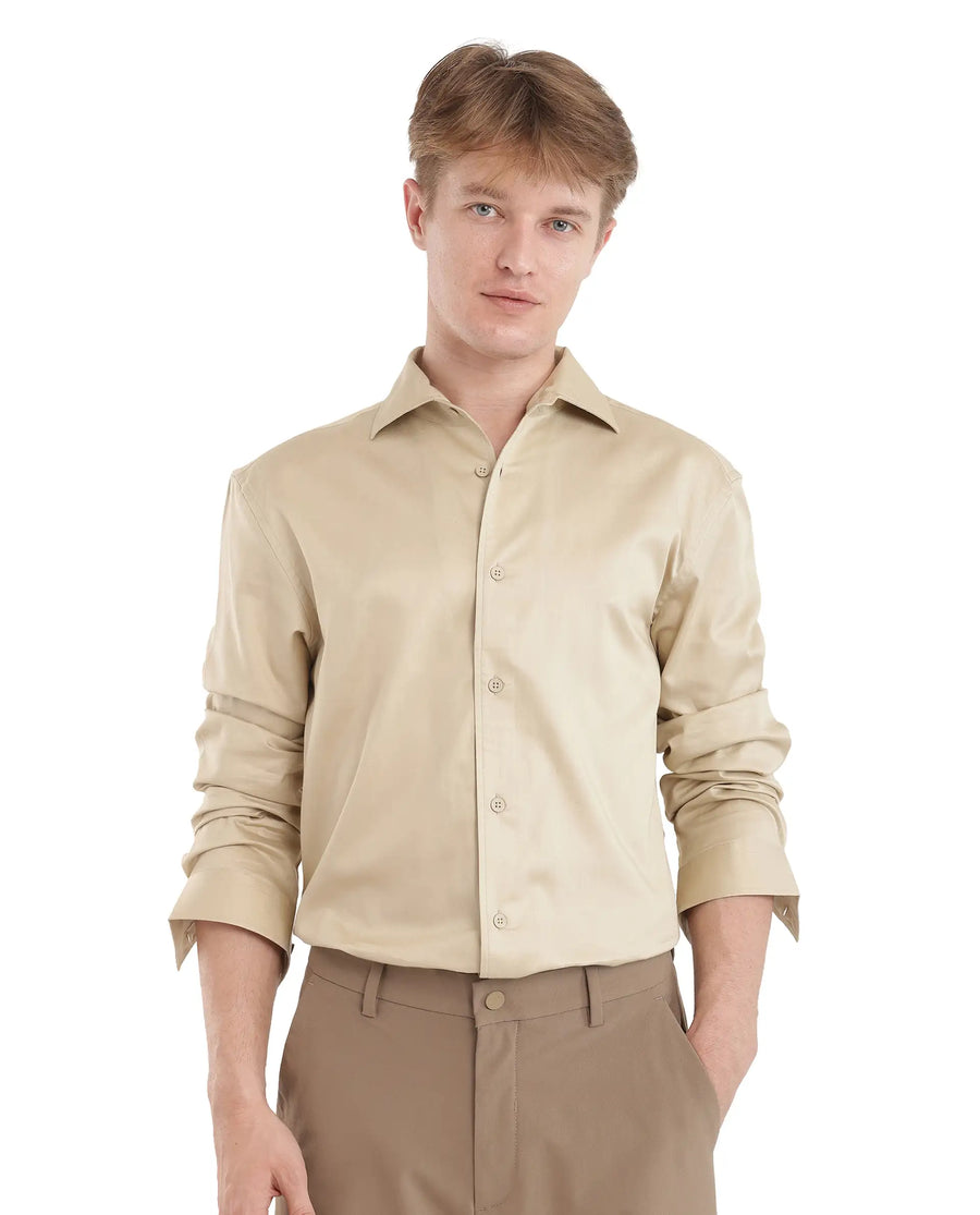 Rare Rabbit Men's Fury Beige Cotton Plain Relaxed Fit Full Sleeve Collared Shirt