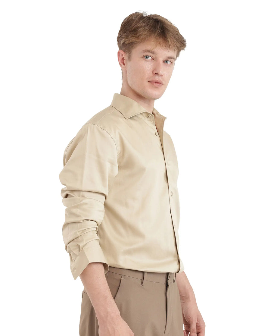 Rare Rabbit Men's Fury Beige Cotton Plain Relaxed Fit Full Sleeve Collared Shirt