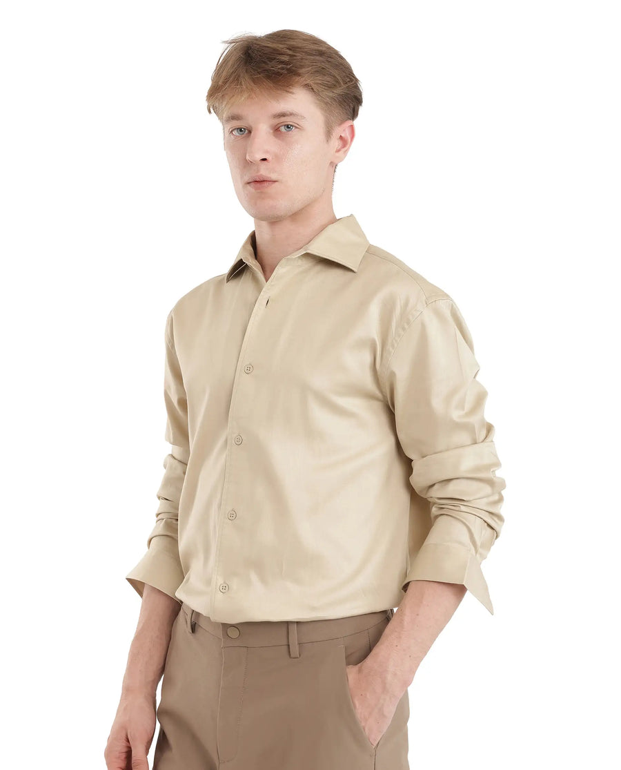 Rare Rabbit Men's Fury Beige Cotton Plain Relaxed Fit Full Sleeve Collared Shirt