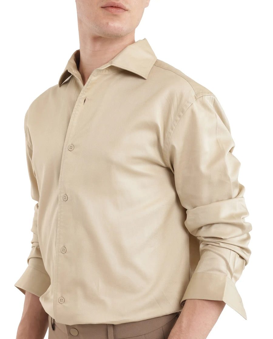 Rare Rabbit Men's Fury Beige Cotton Plain Relaxed Fit Full Sleeve Collared Shirt