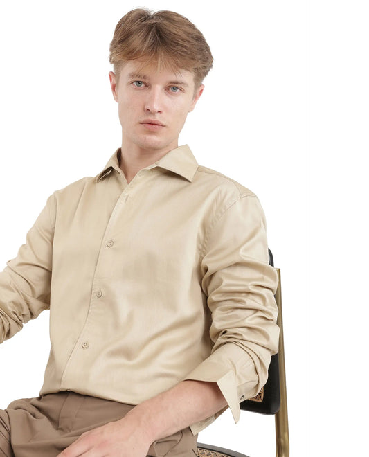 Rare Rabbit Men's Fury Beige Cotton Plain Relaxed Fit Full Sleeve Collared Shirt