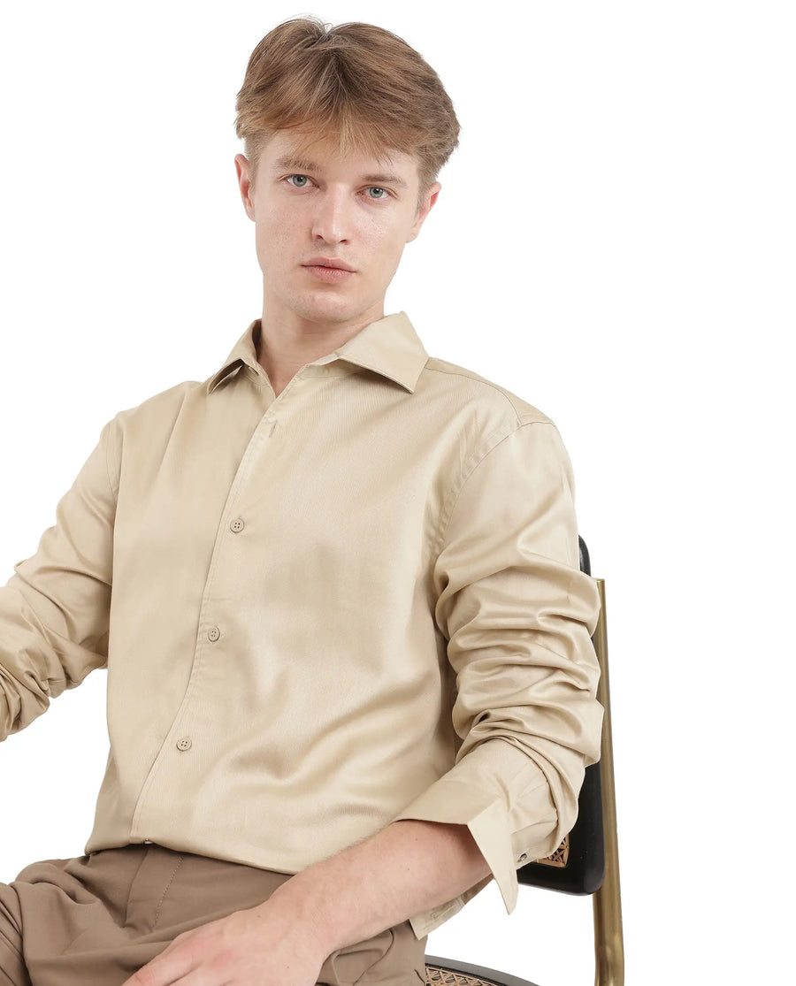 Rare Rabbit Men's Fury Beige Cotton Plain Relaxed Fit Full Sleeve Collared Shirt