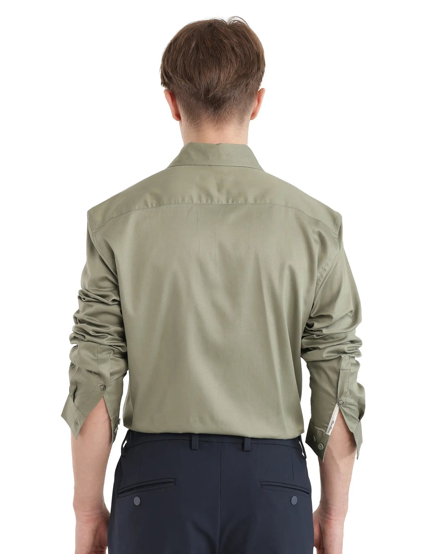 Rare Rabbit Men's Fury Dusky Green Cotton Plain Relaxed Fit Full Sleeve Collared Shirt