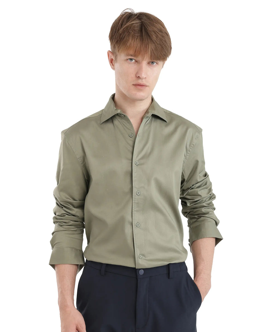 Rare Rabbit Men's Fury Dusky Green Cotton Plain Relaxed Fit Full Sleeve Collared Shirt