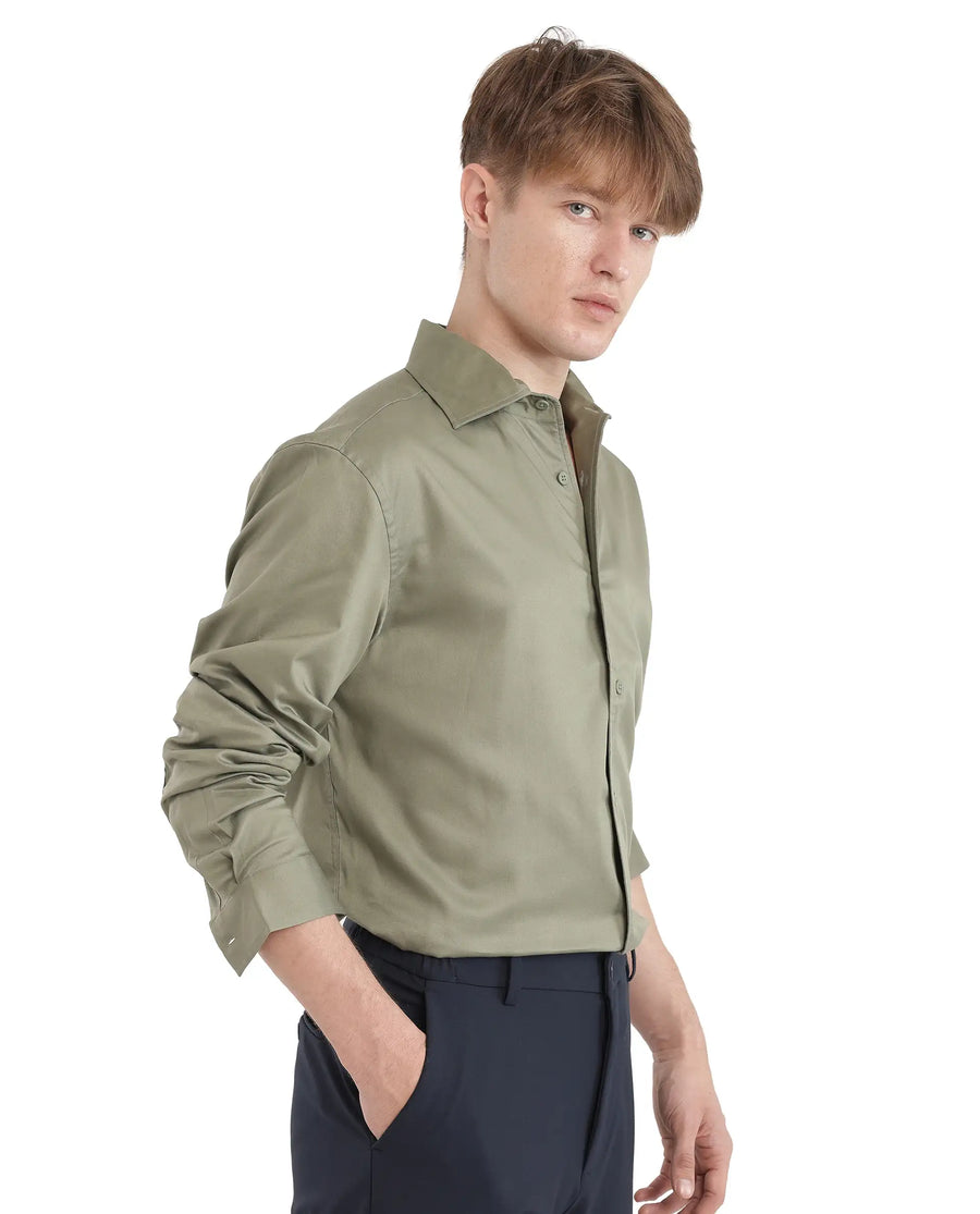 Rare Rabbit Men's Fury Dusky Green Cotton Plain Relaxed Fit Full Sleeve Collared Shirt