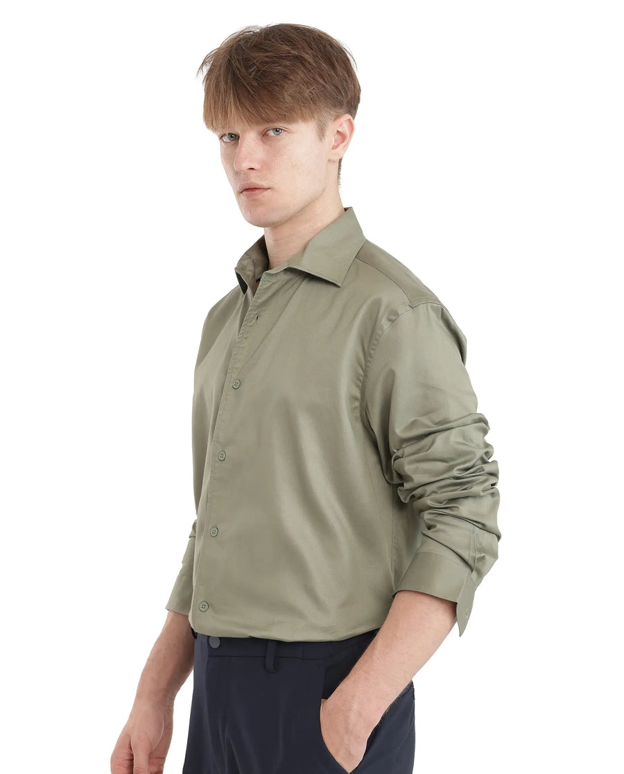 Rare Rabbit Men's Fury Dusky Green Cotton Plain Relaxed Fit Full Sleeve Collared Shirt