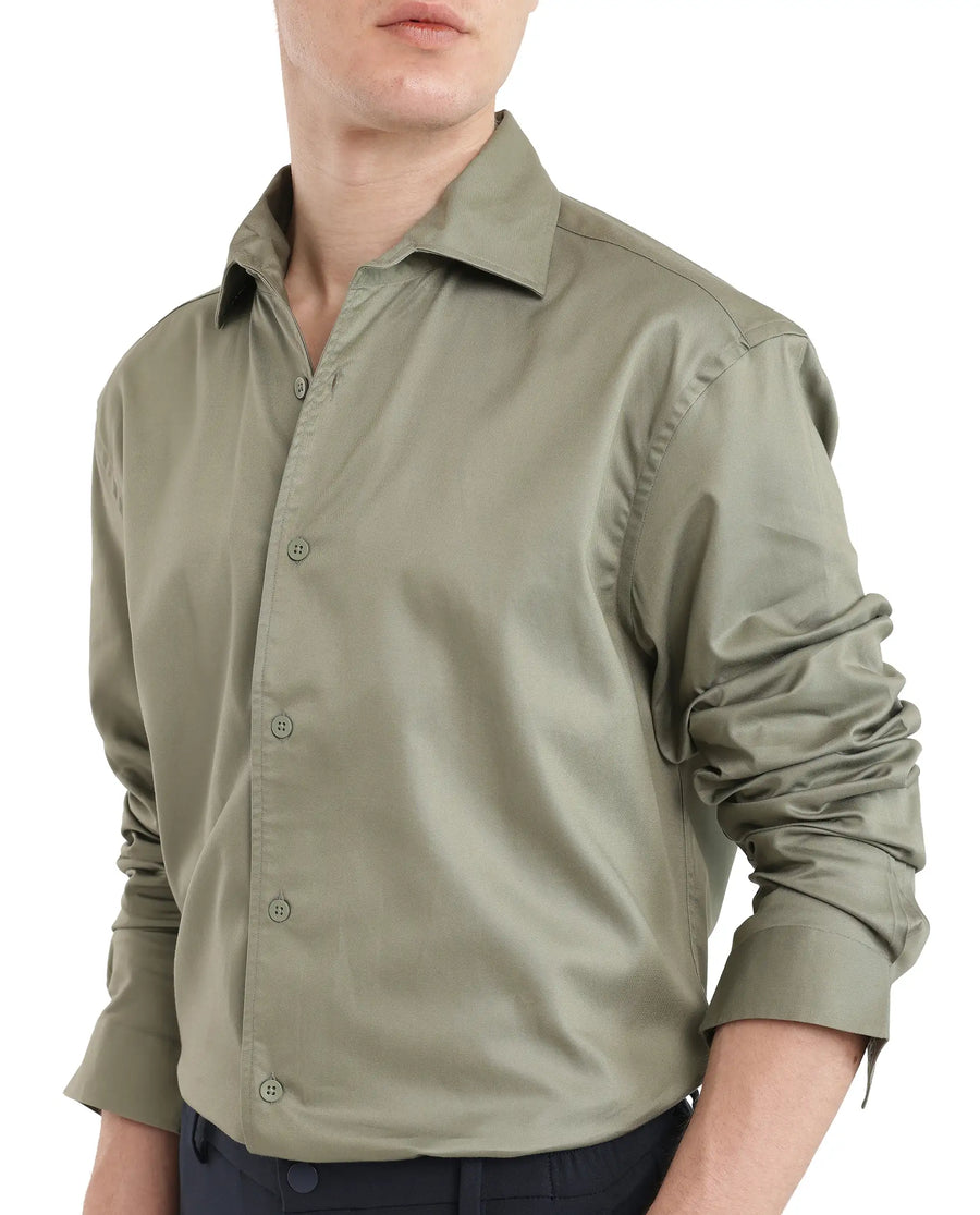 Rare Rabbit Men's Fury Dusky Green Cotton Plain Relaxed Fit Full Sleeve Collared Shirt