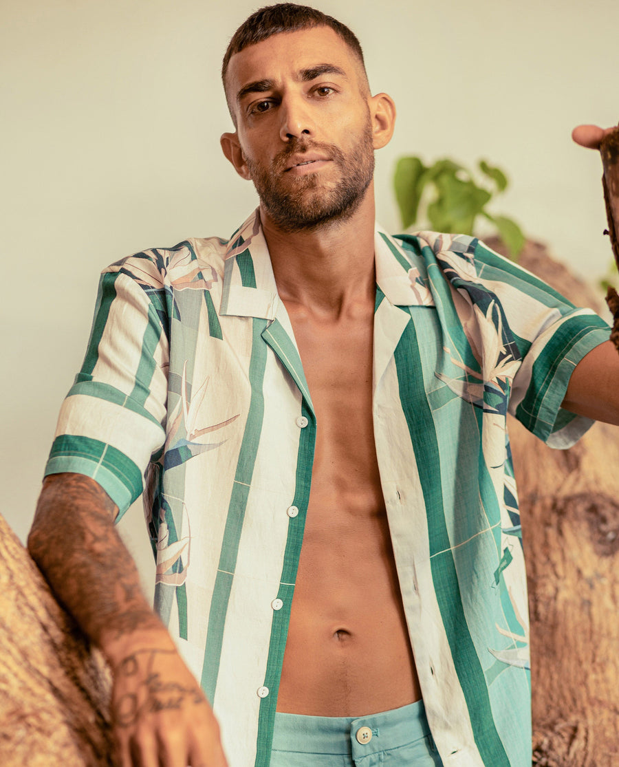 Rare Rabbit Men's Forsia Dusky Blue Viscose Floral Print Boxy Fit Half Sleeve Cuban Collar Shirt