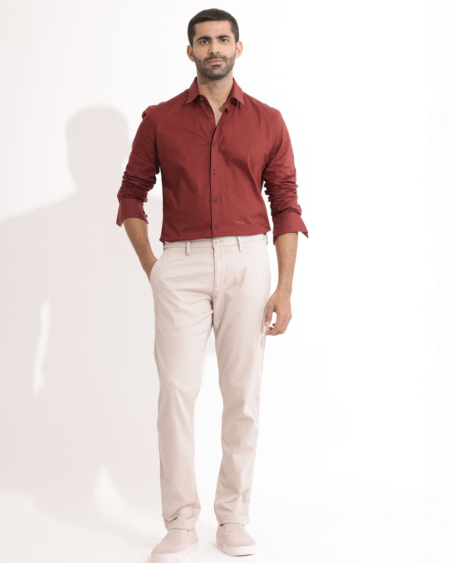 Rare Rabbit Men's Fullslee Maroon Cotton Plain Tailored Fit Full Sleeve Collared Shirt