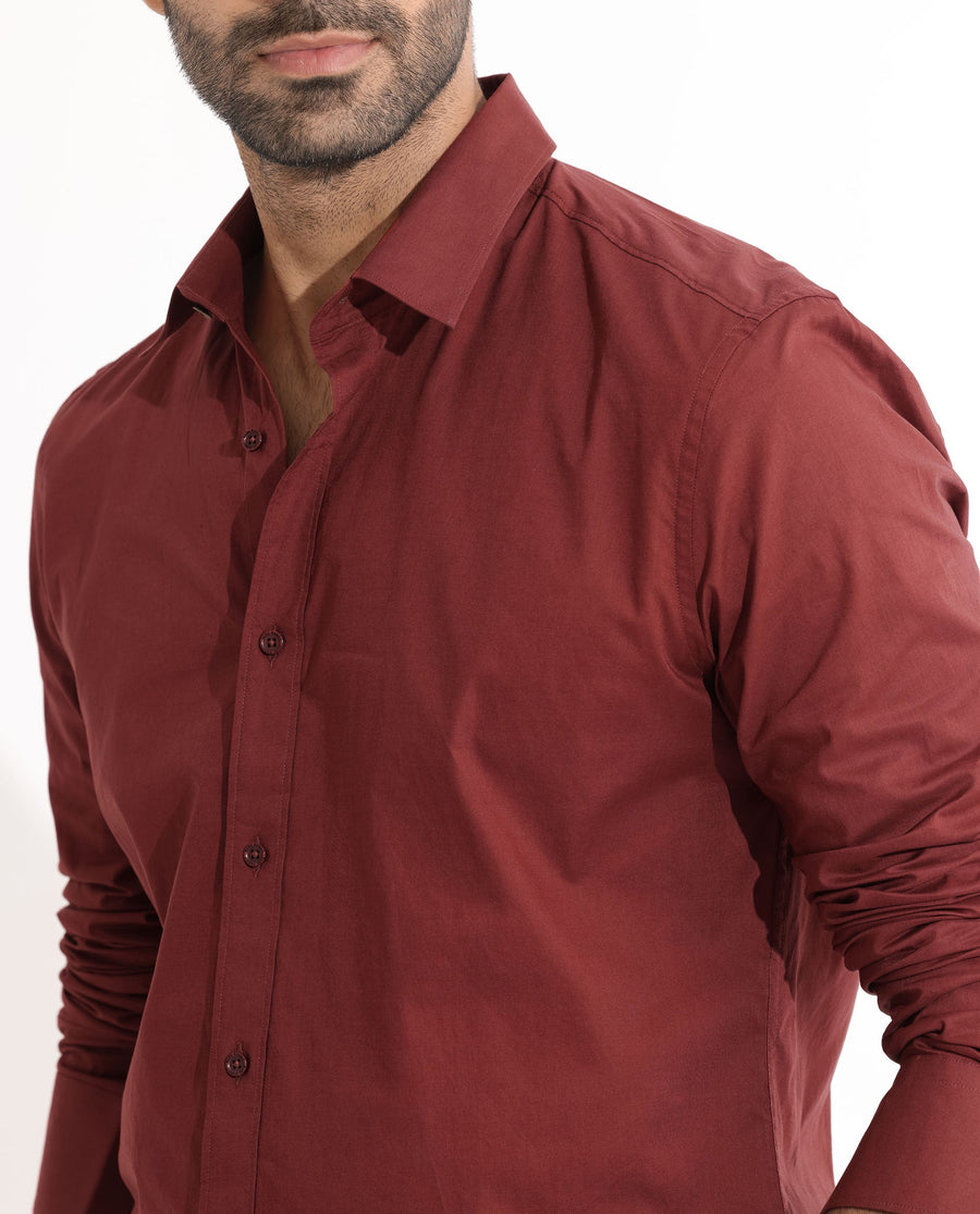 Rare Rabbit Men's Fullslee Maroon Cotton Plain Tailored Fit Full Sleeve Collared Shirt
