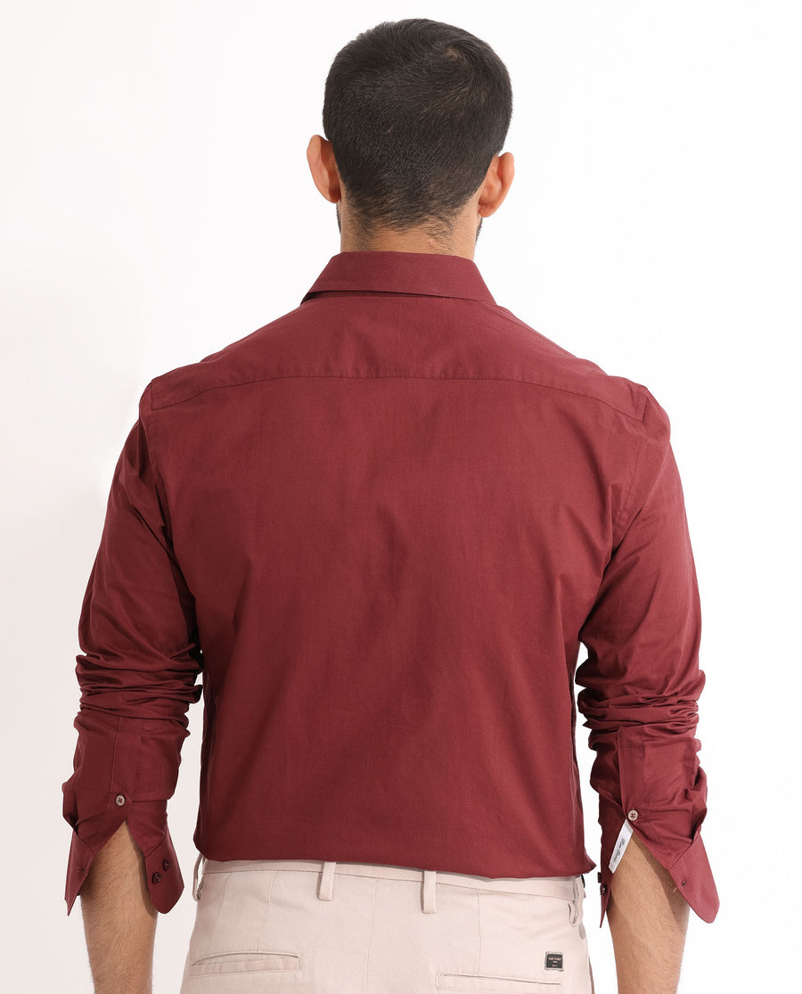 Rare Rabbit Men's Fullslee Maroon Cotton Plain Tailored Fit Full Sleeve Collared Shirt