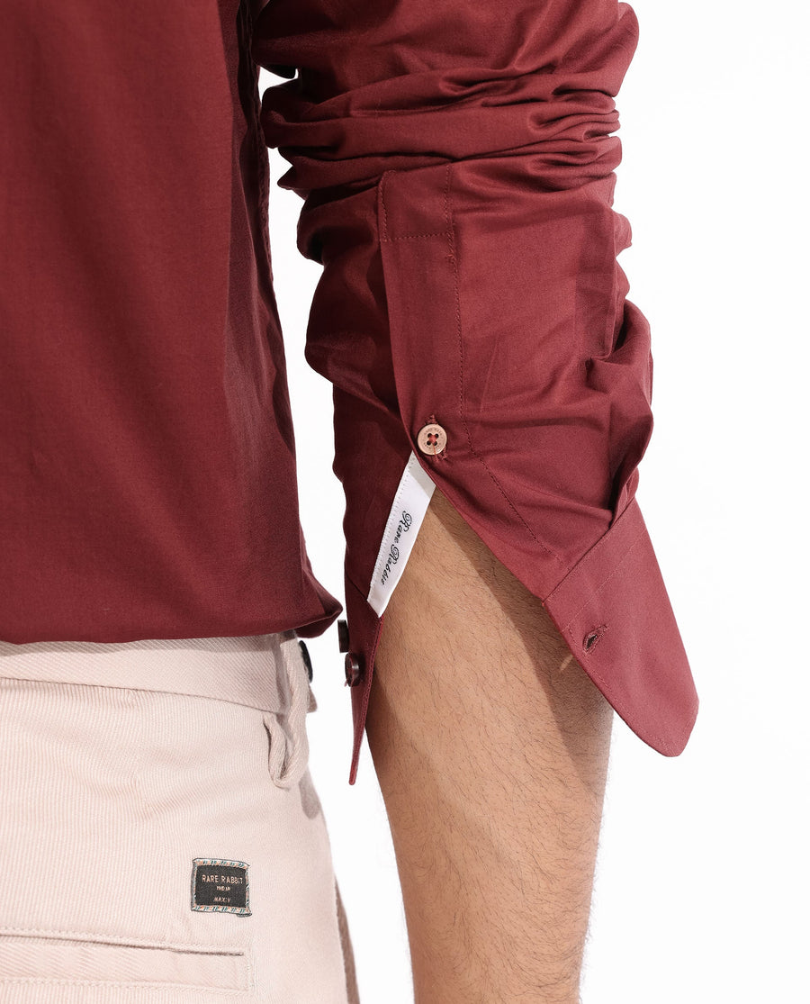 Rare Rabbit Men's Fullslee Maroon Cotton Plain Tailored Fit Full Sleeve Collared Shirt